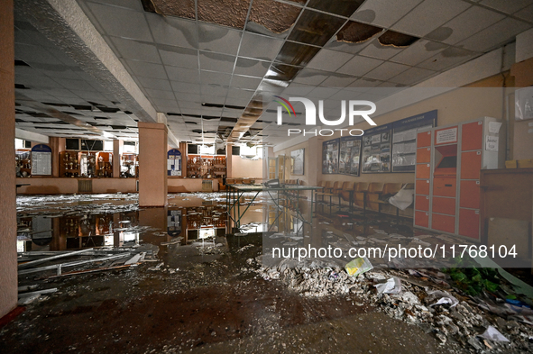 The lobby of the sports complex of the Zaporizhzhia Polytechnic National University is damaged by an overnight Russian air strike in Zaporiz...