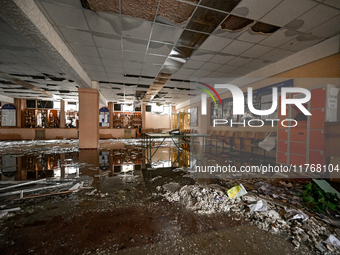 The lobby of the sports complex of the Zaporizhzhia Polytechnic National University is damaged by an overnight Russian air strike in Zaporiz...