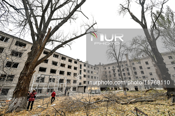 A hostel where internally displaced persons live is damaged by an overnight Russian air strike in Zaporizhzhia, Ukraine, on November 11, 202...