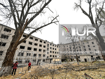 A hostel where internally displaced persons live is damaged by an overnight Russian air strike in Zaporizhzhia, Ukraine, on November 11, 202...