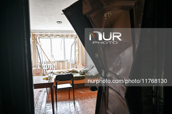 A room in a hostel where internally displaced persons live is damaged by an overnight Russian air strike in Zaporizhzhia, Ukraine, on Novemb...