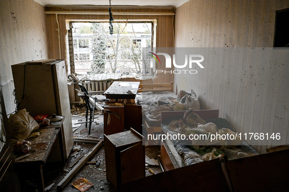 A room in a hostel where internally displaced persons live is damaged by an overnight Russian air strike in Zaporizhzhia, Ukraine, on Novemb...