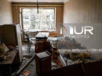 A room in a hostel where internally displaced persons live is damaged by an overnight Russian air strike in Zaporizhzhia, Ukraine, on Novemb...