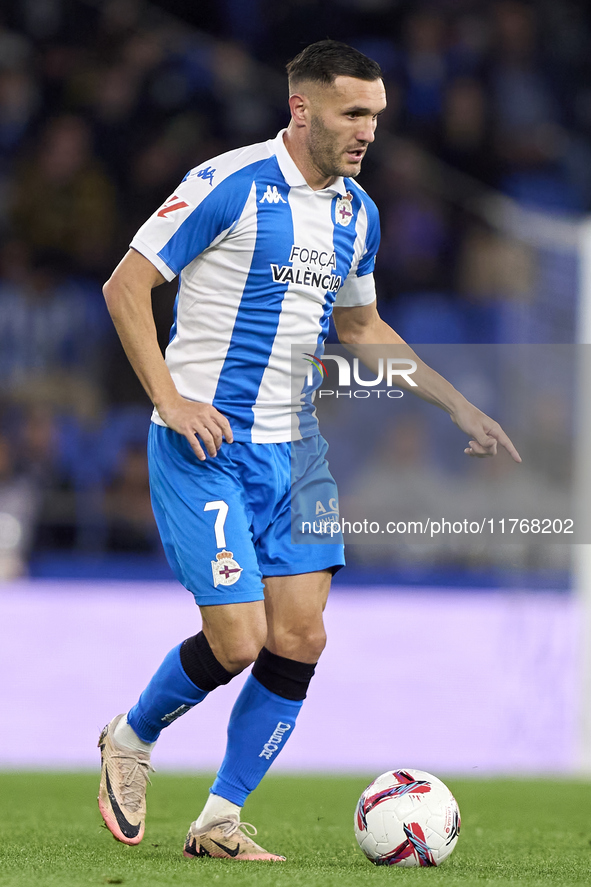 Lucas Perez of RC Deportivo de La Coruna is in action during the LaLiga Hypermotion match between RC Deportivo de La Coruna and SD Eibar at...