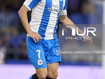 Lucas Perez of RC Deportivo de La Coruna is in action during the LaLiga Hypermotion match between RC Deportivo de La Coruna and SD Eibar at...