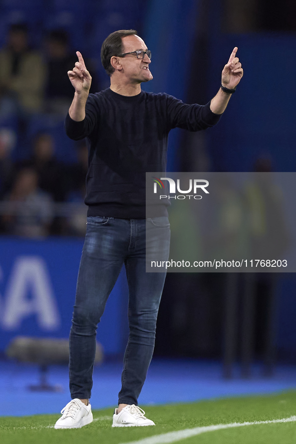 Joseba Etxeberria, Head Coach of SD Eibar, gives instructions during the LaLiga Hypermotion match between RC Deportivo de La Coruna and SD E...