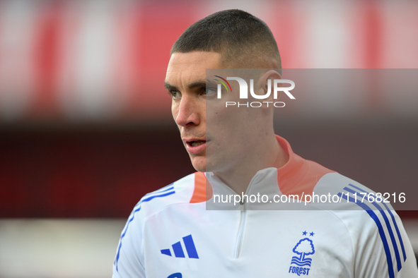 Nikola Milenkovic of Nottingham Forest participates in the Premier League match between Nottingham Forest and Newcastle United at the City G...