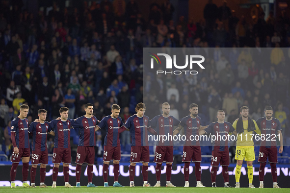 Players of SD Eibar observe a minute's silence in support of the Valencia flooding victims prior to the LaLiga Hypermotion match between RC...