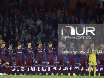 Players of SD Eibar observe a minute's silence in support of the Valencia flooding victims prior to the LaLiga Hypermotion match between RC...