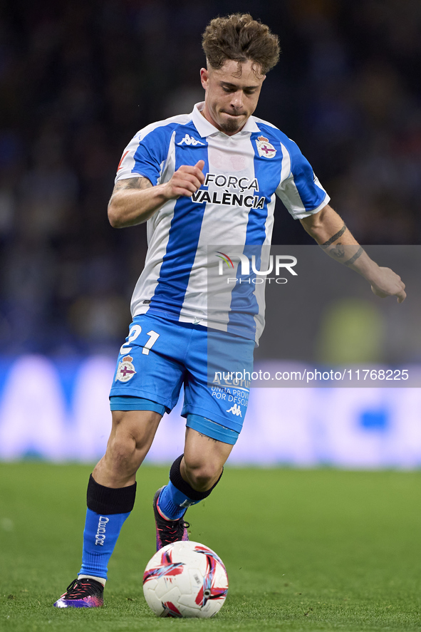 Mario Soriano of RC Deportivo de La Coruna is in action during the LaLiga Hypermotion match between RC Deportivo de La Coruna and SD Eibar a...