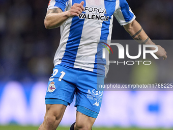 Mario Soriano of RC Deportivo de La Coruna is in action during the LaLiga Hypermotion match between RC Deportivo de La Coruna and SD Eibar a...