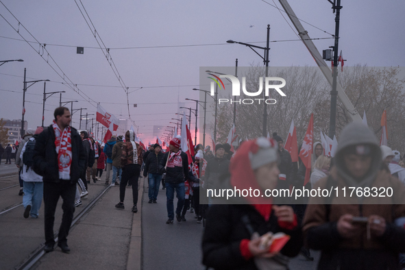 An Independence March is organized by the extreme right on the 106th anniversary of regaining independence in Warsaw, Poland, on November 11...