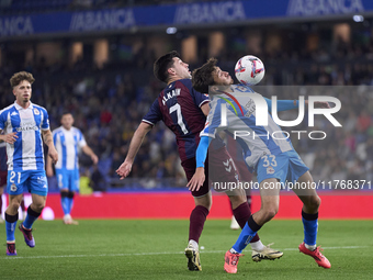 Xeber Alkain of SD Eibar competes for the ball with Rafa Obrador of RC Deportivo de La Coruna during the LaLiga Hypermotion match between RC...