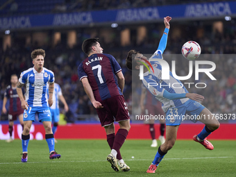 Xeber Alkain of SD Eibar competes for the ball with Rafa Obrador of RC Deportivo de La Coruna during the LaLiga Hypermotion match between RC...