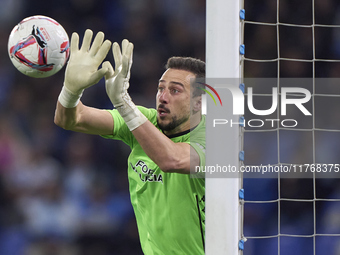 Helton Leite of RC Deportivo de La Coruna stops a shot on goal during the LaLiga Hypermotion match between RC Deportivo de La Coruna and SD...