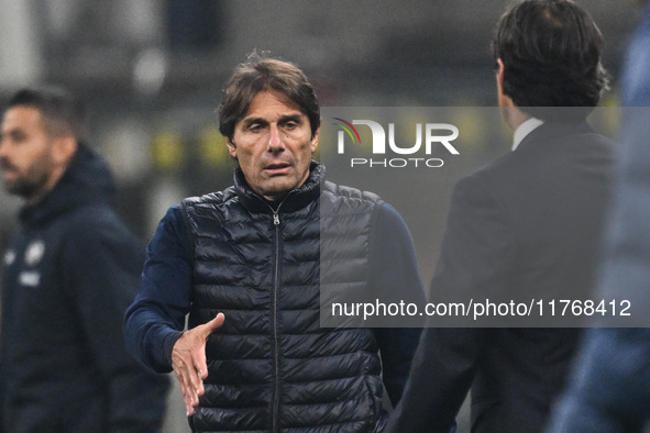 Antonio Conte of SSC Napoli and coach Simone Inzaghi of Inter FC are present during the Italian Serie A football match between Inter FC and...