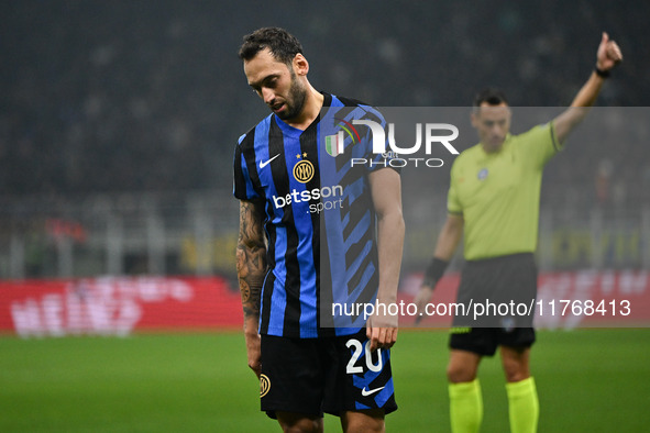 Hakan Calhanoglu of Inter FC reacts during the Italian Serie A football match between Inter FC and SSC Napoli at Giuseppe Meazza San Siro St...