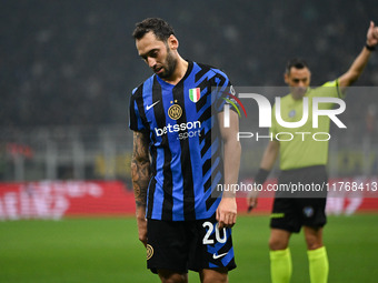 Hakan Calhanoglu of Inter FC reacts during the Italian Serie A football match between Inter FC and SSC Napoli at Giuseppe Meazza San Siro St...