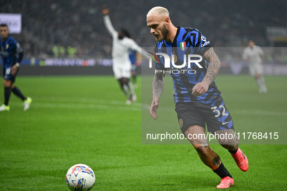 Federico Dimarco of Inter FC participates in the Italian Serie A football match between Inter FC and SSC Napoli in Milan, Italy, on November...