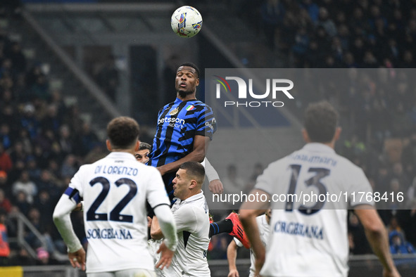 Denzel Dumfries of Inter FC participates in the Italian Serie A football match between Inter FC and SSC Napoli in Milan, Italy, on November...