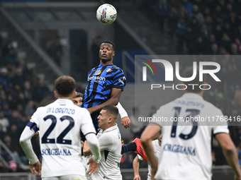 Denzel Dumfries of Inter FC participates in the Italian Serie A football match between Inter FC and SSC Napoli in Milan, Italy, on November...