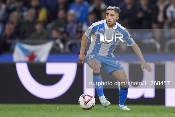 Yeremay Hernandez of RC Deportivo de La Coruna is in action during the LaLiga Hypermotion match between RC Deportivo de La Coruna and SD Eib...