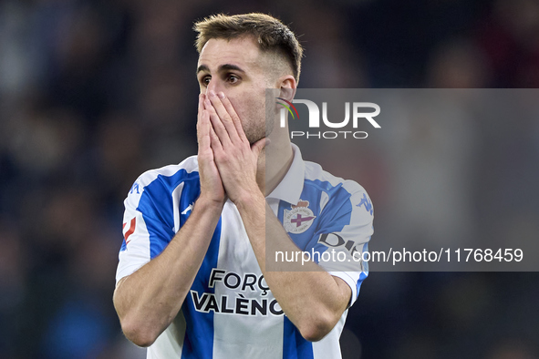 Ivan Barbero of RC Deportivo de La Coruna reacts during the LaLiga Hypermotion match between RC Deportivo de La Coruna and SD Eibar at Abanc...