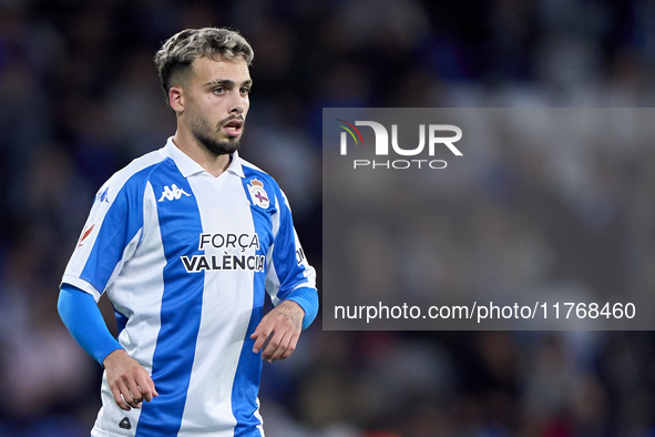 David Mella of RC Deportivo de La Coruna looks on during the LaLiga Hypermotion match between RC Deportivo de La Coruna and SD Eibar at Aban...