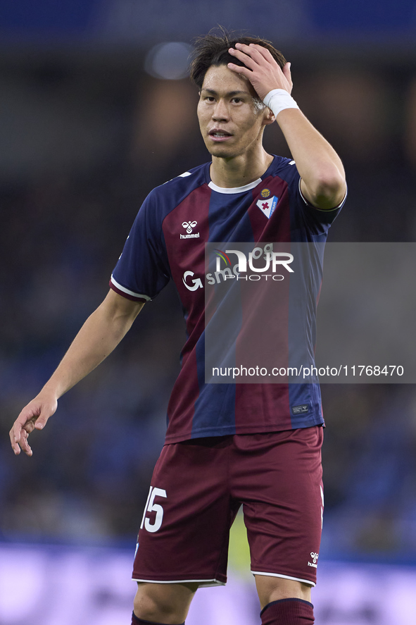 Kento Hashimoto of SD Eibar reacts during the LaLiga Hypermotion match between RC Deportivo de La Coruna and SD Eibar at Abanca Riazor Stadi...