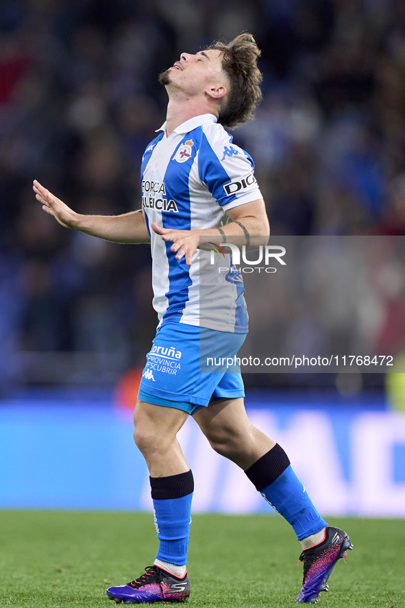 Mario Soriano of RC Deportivo de La Coruna celebrates after he scores his team's first goal during the LaLiga Hypermotion match between RC D...