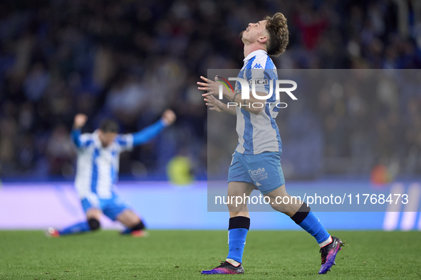 Mario Soriano of RC Deportivo de La Coruna celebrates after he scores his team's first goal during the LaLiga Hypermotion match between RC D...