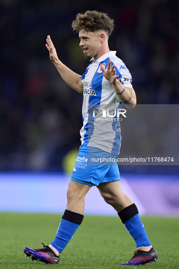 Mario Soriano of RC Deportivo de La Coruna celebrates after he scores his team's first goal during the LaLiga Hypermotion match between RC D...