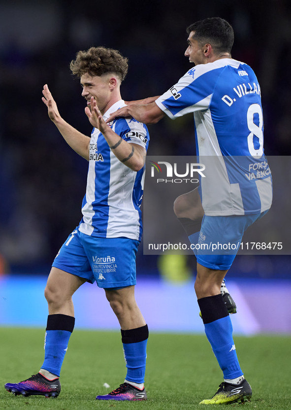 Mario Soriano of RC Deportivo de La Coruna celebrates with Diego Villares after scoring his team's first goal during the LaLiga Hypermotion...