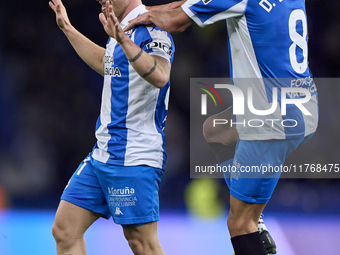 Mario Soriano of RC Deportivo de La Coruna celebrates with Diego Villares after scoring his team's first goal during the LaLiga Hypermotion...