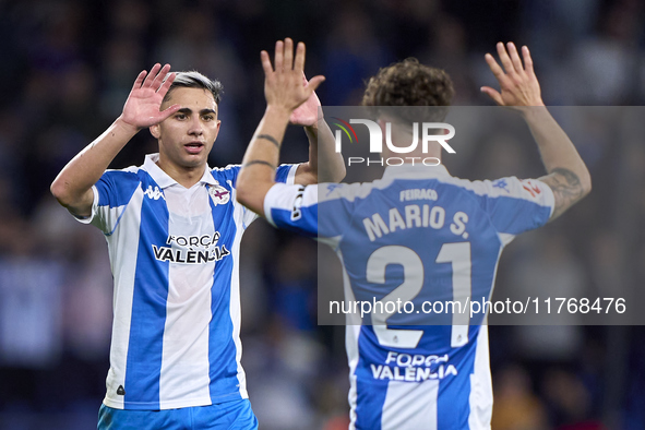 Mario Soriano of RC Deportivo de La Coruna celebrates with Yeremay Hernandez after scoring his team's first goal during the LaLiga Hypermoti...