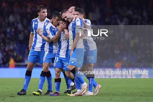 Mario Soriano of RC Deportivo de La Coruna celebrates with his teammates after scoring his team's first goal during the LaLiga Hypermotion m...