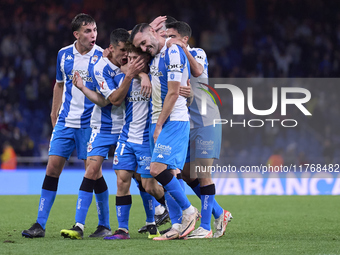 Mario Soriano of RC Deportivo de La Coruna celebrates with his teammates after scoring his team's first goal during the LaLiga Hypermotion m...