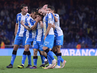 Mario Soriano of RC Deportivo de La Coruna celebrates with his teammates after scoring his team's first goal during the LaLiga Hypermotion m...