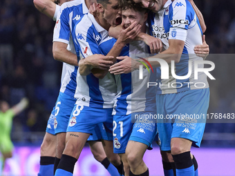 Mario Soriano of RC Deportivo de La Coruna celebrates with his teammates after scoring his team's first goal during the LaLiga Hypermotion m...