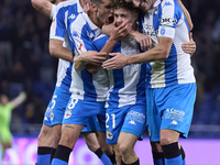 Mario Soriano of RC Deportivo de La Coruna celebrates with his teammates after scoring his team's first goal during the LaLiga Hypermotion m...