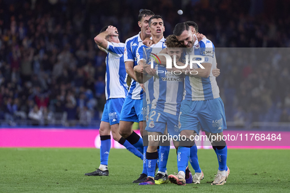 Mario Soriano of RC Deportivo de La Coruna celebrates with his teammates after scoring his team's first goal during the LaLiga Hypermotion m...