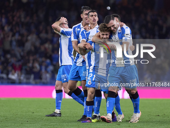 Mario Soriano of RC Deportivo de La Coruna celebrates with his teammates after scoring his team's first goal during the LaLiga Hypermotion m...