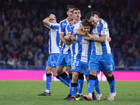 Mario Soriano of RC Deportivo de La Coruna celebrates with his teammates after scoring his team's first goal during the LaLiga Hypermotion m...