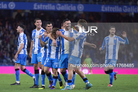 Mario Soriano of RC Deportivo de La Coruna celebrates with his teammates after scoring his team's first goal during the LaLiga Hypermotion m...