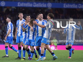 Mario Soriano of RC Deportivo de La Coruna celebrates with his teammates after scoring his team's first goal during the LaLiga Hypermotion m...