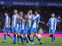 Mario Soriano of RC Deportivo de La Coruna celebrates with his teammates after scoring his team's first goal during the LaLiga Hypermotion m...