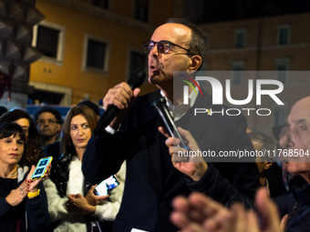 Stefano Parisi of the association Setteottobre participates in a demonstration against anti-Semitic violence at Largo Argentina in Rome, Ita...