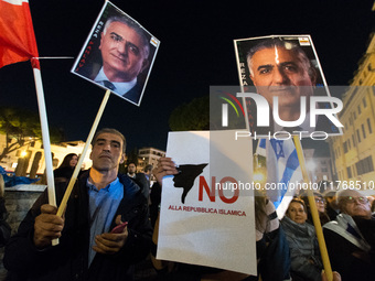 In Rome, Italy, on November 11, 2024, people hold Israeli flags, a sign reading 'no to the Islamic republic,' and a portrait of former Shah...