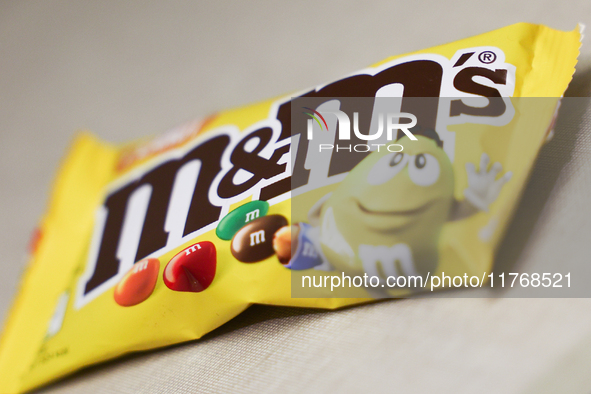 M&M's packaging is seen in this illustration photo taken in Berlin, Germany on November 11, 2024. 