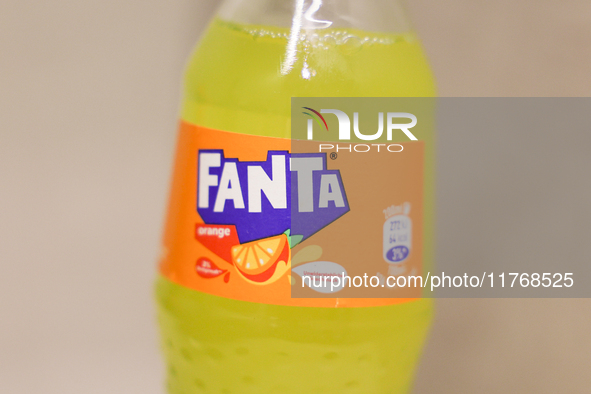 Fanta bottle is seen in this illustration photo taken in Berlin, Germany on November 11, 2024. 